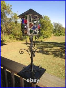 MCM Rare Marked Peter Marsh Chunk Glass Wrought Iron Wood Base Lamp 22 1/2 Tall
