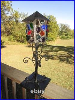 MCM Rare Marked Peter Marsh Chunk Glass Wrought Iron Wood Base Lamp 22 1/2 Tall