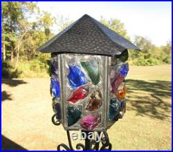 MCM Rare Marked Peter Marsh Chunk Glass Wrought Iron Wood Base Lamp 22 1/2 Tall