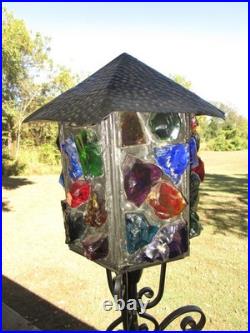 MCM Rare Marked Peter Marsh Chunk Glass Wrought Iron Wood Base Lamp 22 1/2 Tall