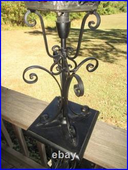 MCM Rare Marked Peter Marsh Chunk Glass Wrought Iron Wood Base Lamp 22 1/2 Tall