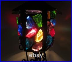 MCM Rare Marked Peter Marsh Chunk Glass Wrought Iron Wood Base Lamp 22 1/2 Tall