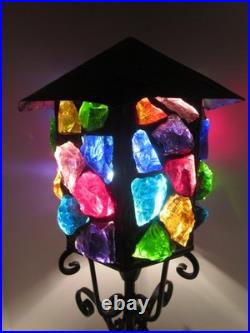 MCM Rare Marked Peter Marsh Chunk Glass Wrought Iron Wood Base Lamp 22 1/2 Tall
