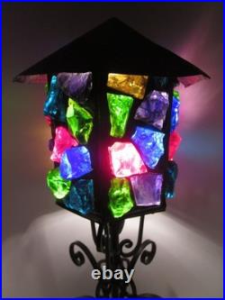 MCM Rare Marked Peter Marsh Chunk Glass Wrought Iron Wood Base Lamp 22 1/2 Tall