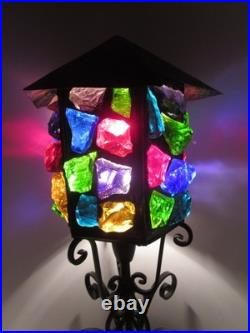 MCM Rare Marked Peter Marsh Chunk Glass Wrought Iron Wood Base Lamp 22 1/2 Tall