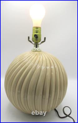 MID-CENTURY Pleated Ball Orb Ceramic Table Lamp Beige Tan RARE 10 Base
