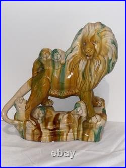 MID Century Italian Majolica Lion With Sancai Glazed Large Rare