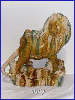 MID Century Italian Majolica Lion With Sancai Glazed Large Rare