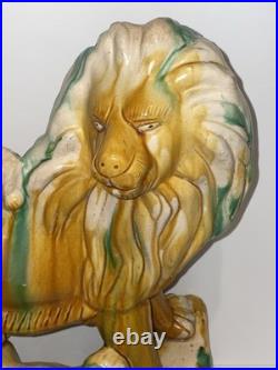 MID Century Italian Majolica Lion With Sancai Glazed Large Rare