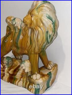 MID Century Italian Majolica Lion With Sancai Glazed Large Rare