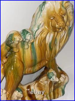 MID Century Italian Majolica Lion With Sancai Glazed Large Rare