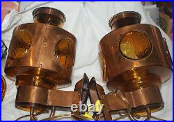 MId Century Modern PAIR SOLID COPPER GLASS NAUTICAL LOOK WALL LAMPS RARE FIND