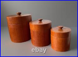 Massive Rare Mid-Century Mod Nesting Solid Teak Wood Canister Set Storage Jars Massive Rare Mid-Century Mod Nesting Solid Teak Wood Canister Set Storage Jars