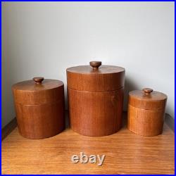 Massive Rare Mid-Century Mod Nesting Solid Teak Wood Canister Set Storage Jars Massive Rare Mid-Century Mod Nesting Solid Teak Wood Canister Set Storage Jars