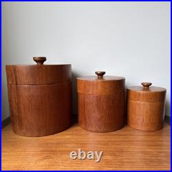 Massive Rare Mid-Century Mod Nesting Solid Teak Wood Canister Set Storage Jars Massive Rare Mid-Century Mod Nesting Solid Teak Wood Canister Set Storage Jars