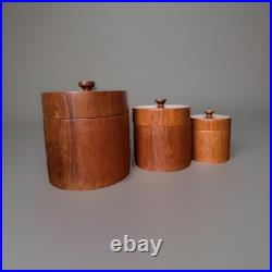 Massive Rare Mid-Century Mod Nesting Solid Teak Wood Canister Set Storage Jars Massive Rare Mid-Century Mod Nesting Solid Teak Wood Canister Set Storage Jars