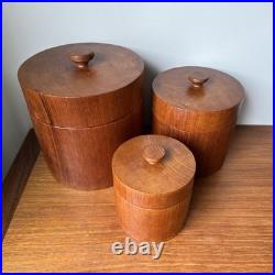 Massive Rare Mid-Century Mod Nesting Solid Teak Wood Canister Set Storage Jars Massive Rare Mid-Century Mod Nesting Solid Teak Wood Canister Set Storage Jars