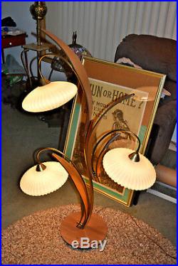 MidCentury Mod Kitsch Tulip Danish Teak Wood 3 Glass Floor Lamp Vtg Rare