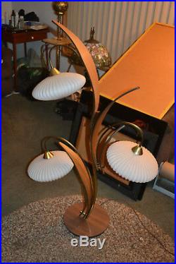 MidCentury Mod Kitsch Tulip Danish Teak Wood 3 Glass Floor Lamp Vtg Rare