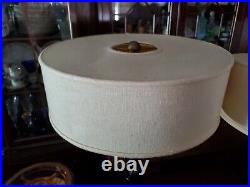 Mid Century MODERN RARE Pair Stacked Disks Spools 24 In Lamps With Cloth Shades