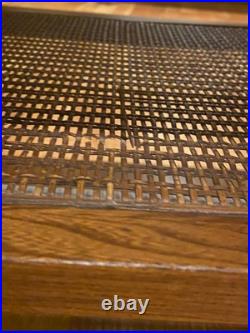 Mid Century Modern 1966 LANE Walnut End Table, rare WOVEN CANE ShelfMCM