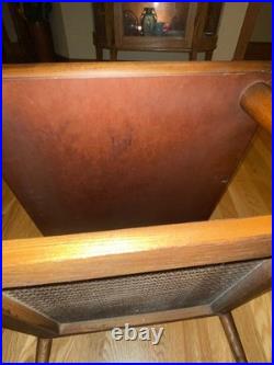 Mid Century Modern 1966 LANE Walnut End Table, rare WOVEN CANE ShelfMCM