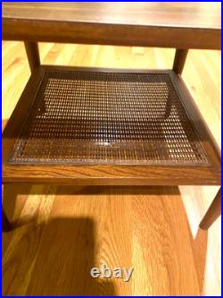 Mid Century Modern 1966 LANE Walnut End Table, rare WOVEN CANE Shelf