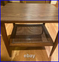 Mid Century Modern 1966 LANE Walnut End Table, rare WOVEN CANE Shelf