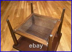 Mid Century Modern 1966 LANE Walnut End Table, rare WOVEN CANE Shelf