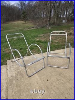 Mid Century Modern, Atomic, Rare Elliptical Aluminum Tubular Sling Lounge Chairs