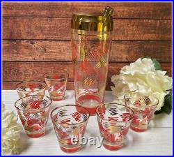 Mid Century Modern Cocktail Shaker & Glasses Orange and Gold Squiggle RARE MCM