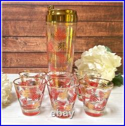 Mid Century Modern Cocktail Shaker & Glasses Orange and Gold Squiggle RARE MCM
