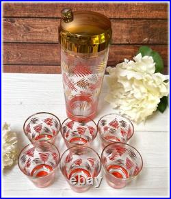 Mid Century Modern Cocktail Shaker & Glasses Orange and Gold Squiggle RARE MCM