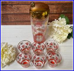 Mid Century Modern Cocktail Shaker & Glasses Orange and Gold Squiggle RARE MCM