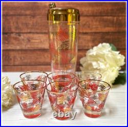 Mid Century Modern Cocktail Shaker & Glasses Orange and Gold Squiggle RARE MCM
