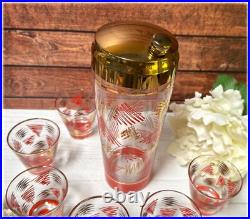 Mid Century Modern Cocktail Shaker & Glasses Orange and Gold Squiggle RARE MCM