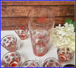 Mid Century Modern Cocktail Shaker & Glasses Orange and Gold Squiggle RARE MCM