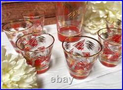 Mid Century Modern Cocktail Shaker & Glasses Orange and Gold Squiggle RARE MCM