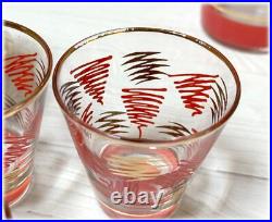 Mid Century Modern Cocktail Shaker & Glasses Orange and Gold Squiggle RARE MCM