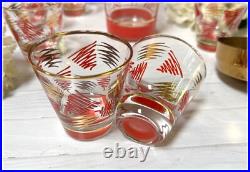 Mid Century Modern Cocktail Shaker & Glasses Orange and Gold Squiggle RARE MCM