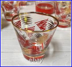 Mid Century Modern Cocktail Shaker & Glasses Orange and Gold Squiggle RARE MCM