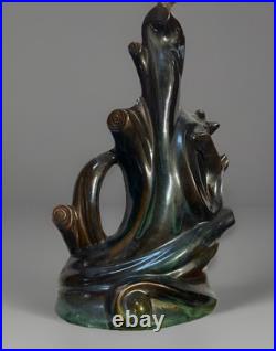 Mid Century Modern Drip Glaze Ceramic Lamp Teal Bronze Tree Cabin Rare Retro