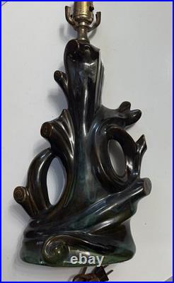 Mid Century Modern Drip Glaze Ceramic Lamp Teal Bronze Tree Cabin Rare Retro