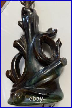 Mid Century Modern Drip Glaze Ceramic Lamp Teal Bronze Tree Cabin Rare Retro