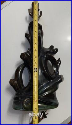 Mid Century Modern Drip Glaze Ceramic Lamp Teal Bronze Tree Cabin Rare Retro