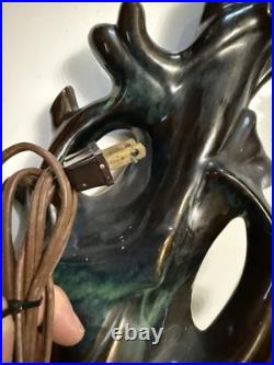 Mid Century Modern Drip Glaze Ceramic Lamp Teal Bronze Tree Cabin Rare Retro
