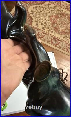 Mid Century Modern Drip Glaze Ceramic Lamp Teal Bronze Tree Cabin Rare Retro