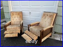 Mid Century Modern Lewittes Large Cane Recliner Chairs In Honey Velvet RARE