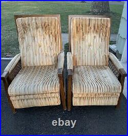 Mid Century Modern Lewittes Large Cane Recliner Chairs In Honey Velvet RARE