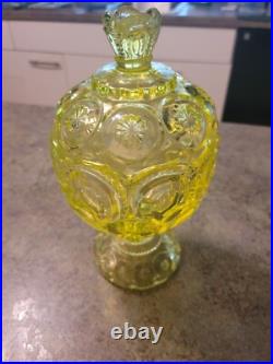 Mid Century Modern MCM Uranium Glass Moon & Stars Pedestal Cov Candy Dish RARE Mid Century Modern MCM Uranium Glass Moon & Stars Pedestal Cov Candy Dish RARE
